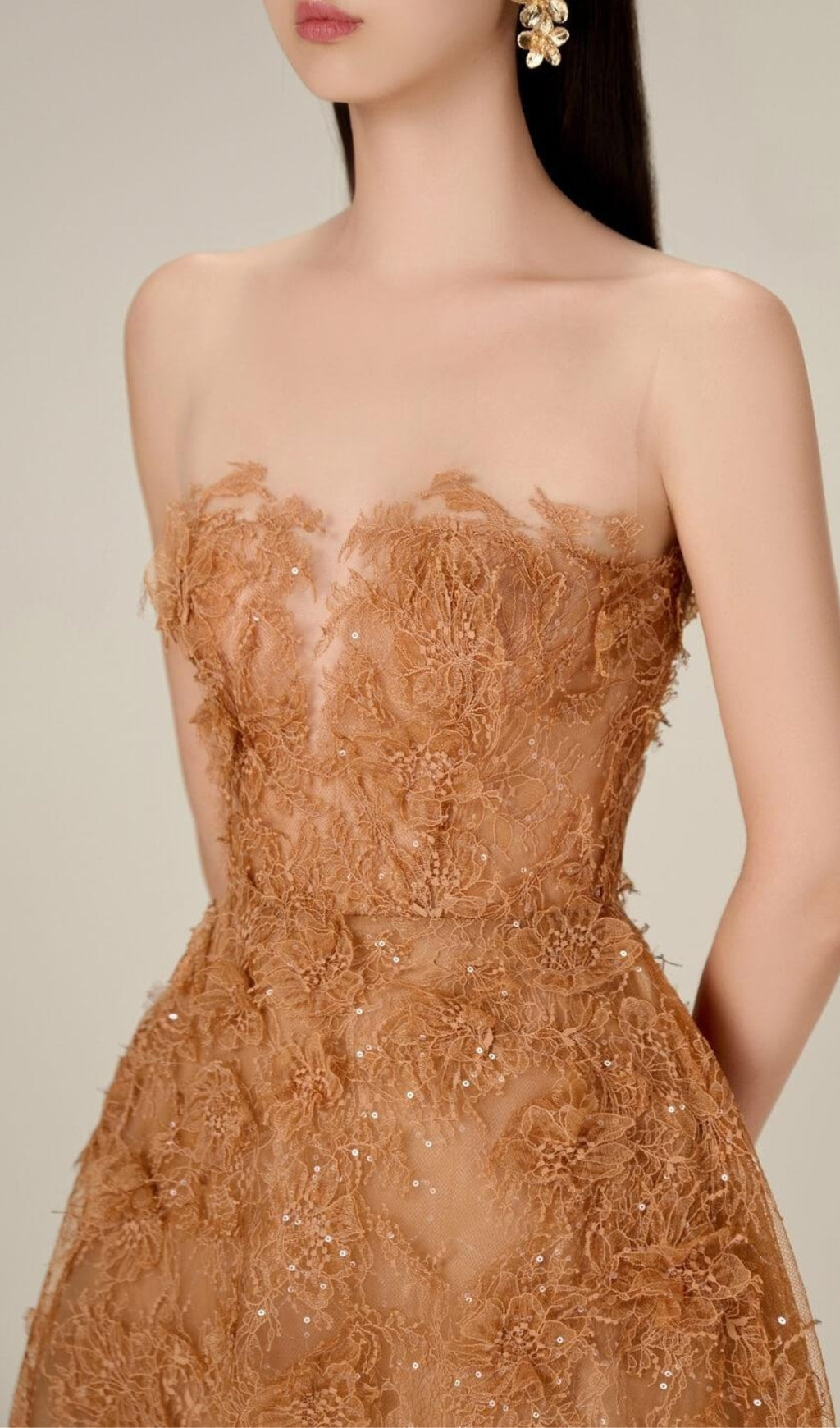 Fashionslee Women Allyson Caramel Floral Lace Embroider Midi Dress