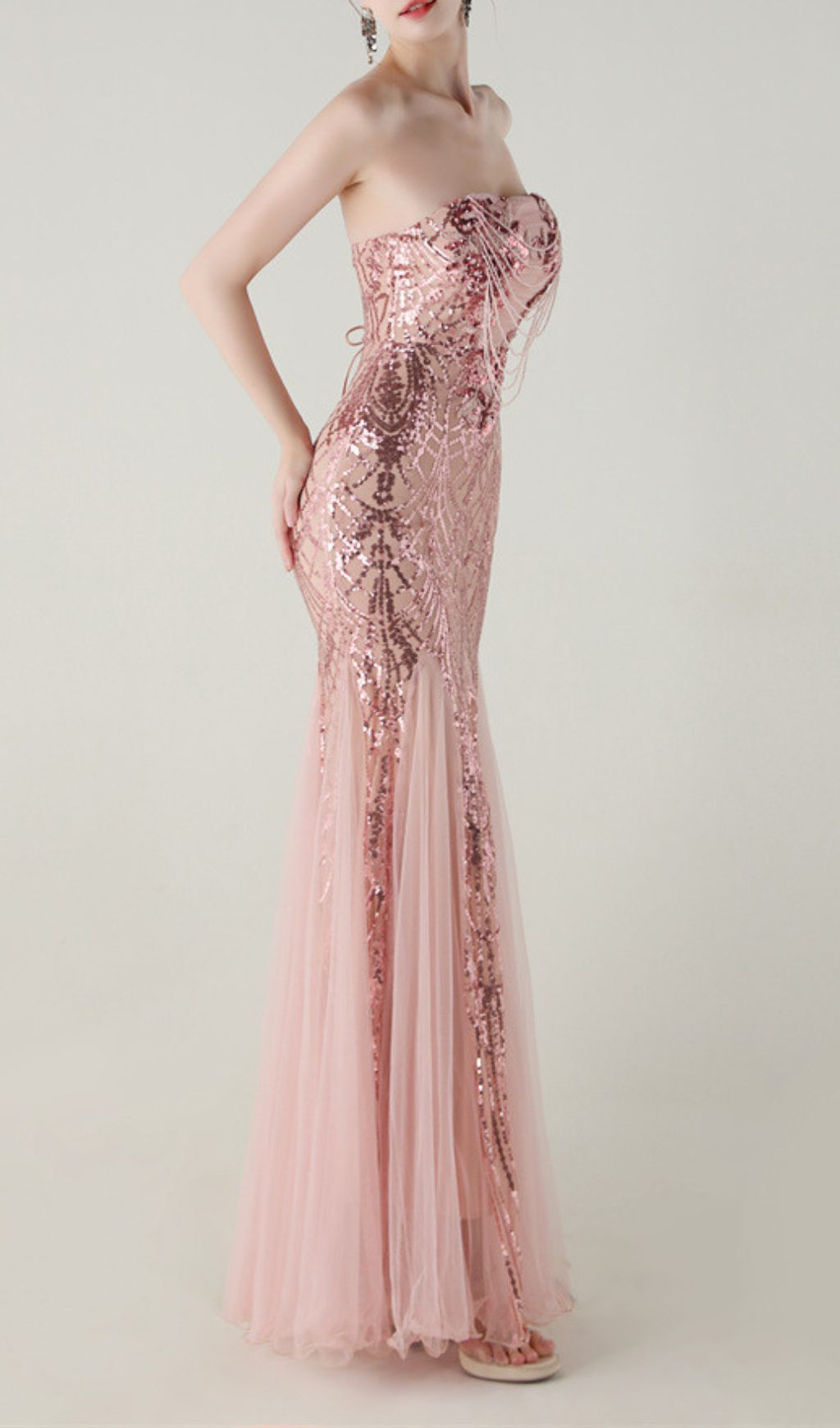 Fashionslee Women Ikuye Pink Strapless Sequin Mesh Maxi Dress