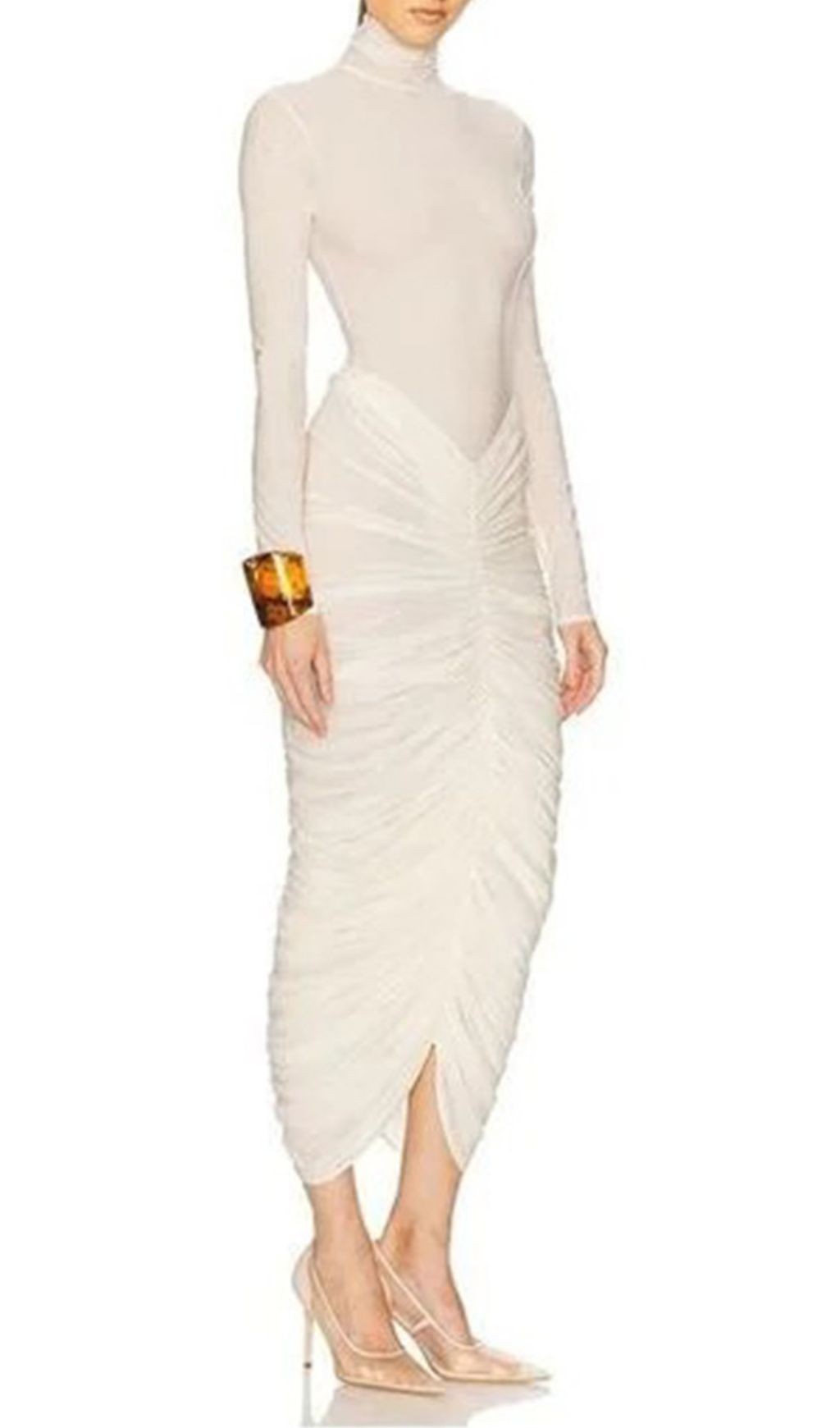 Fashionslee Women Jabbar White Ruched Long Sleeve Midi Dress