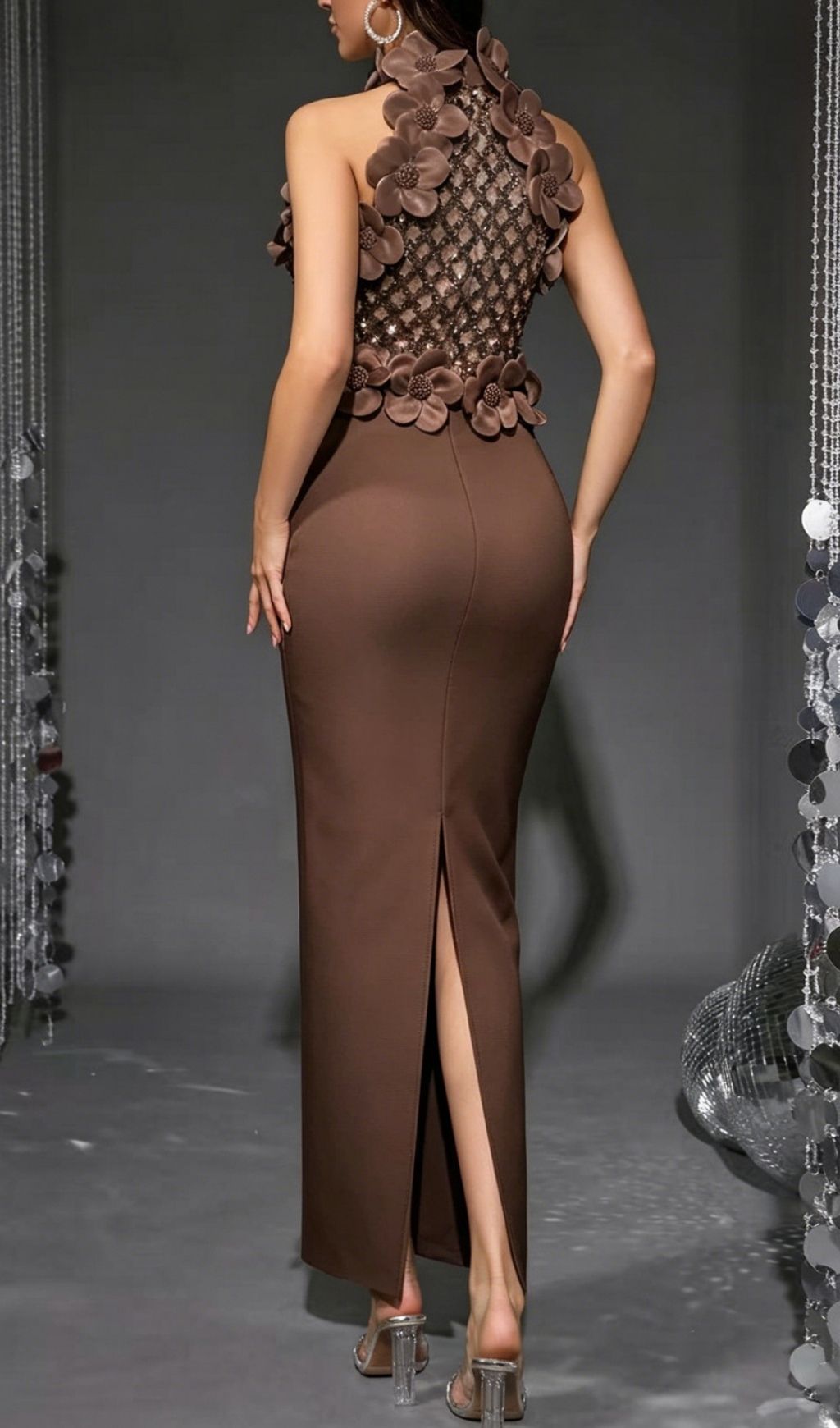 Fashionslee Women Kelsey Coffee Halter Flower Sequin Bandage Maxi Dress