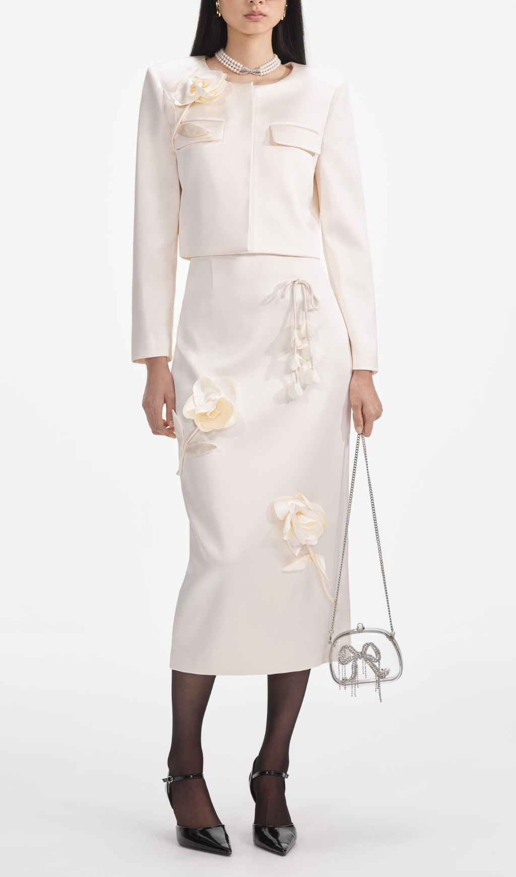 Fashionslee Women Cream 3D Flower Satin Midi Skirt