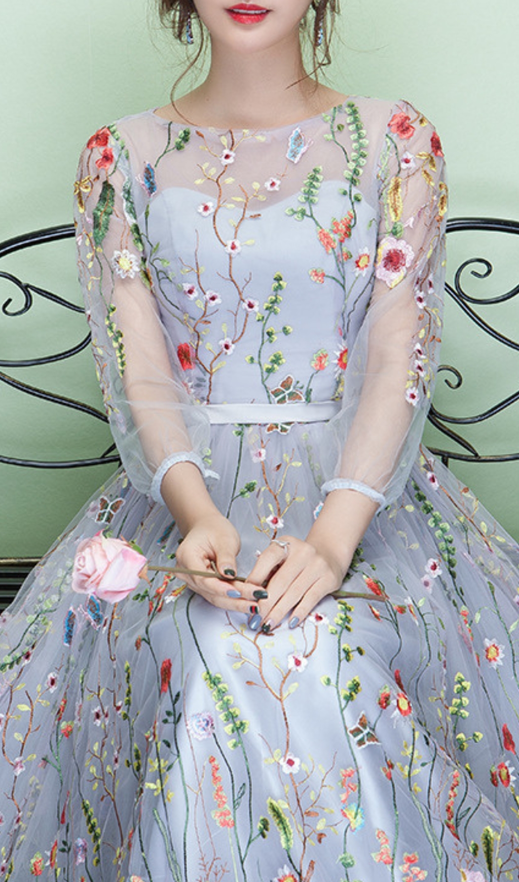 Fashionslee Women Dannell Gray Flower Mesh Sleeve Maxi Dress