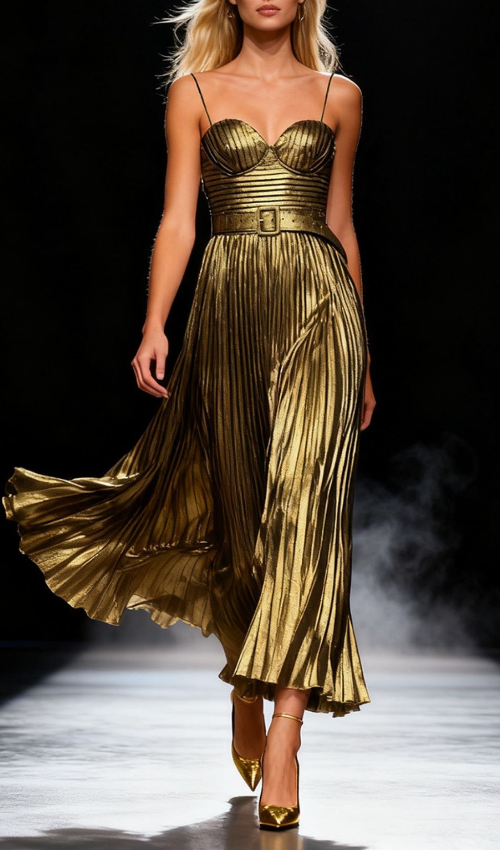 Fashionslee Women Kalyssa Gold Strappy Pleated Maxi Dress