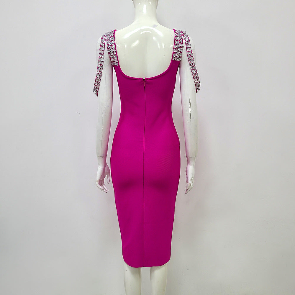 018ea1c64b3ef32db68e8addd2454e75.jpeg Fashionslee Women Crystal Bandage Midi Dress In Hot Pink