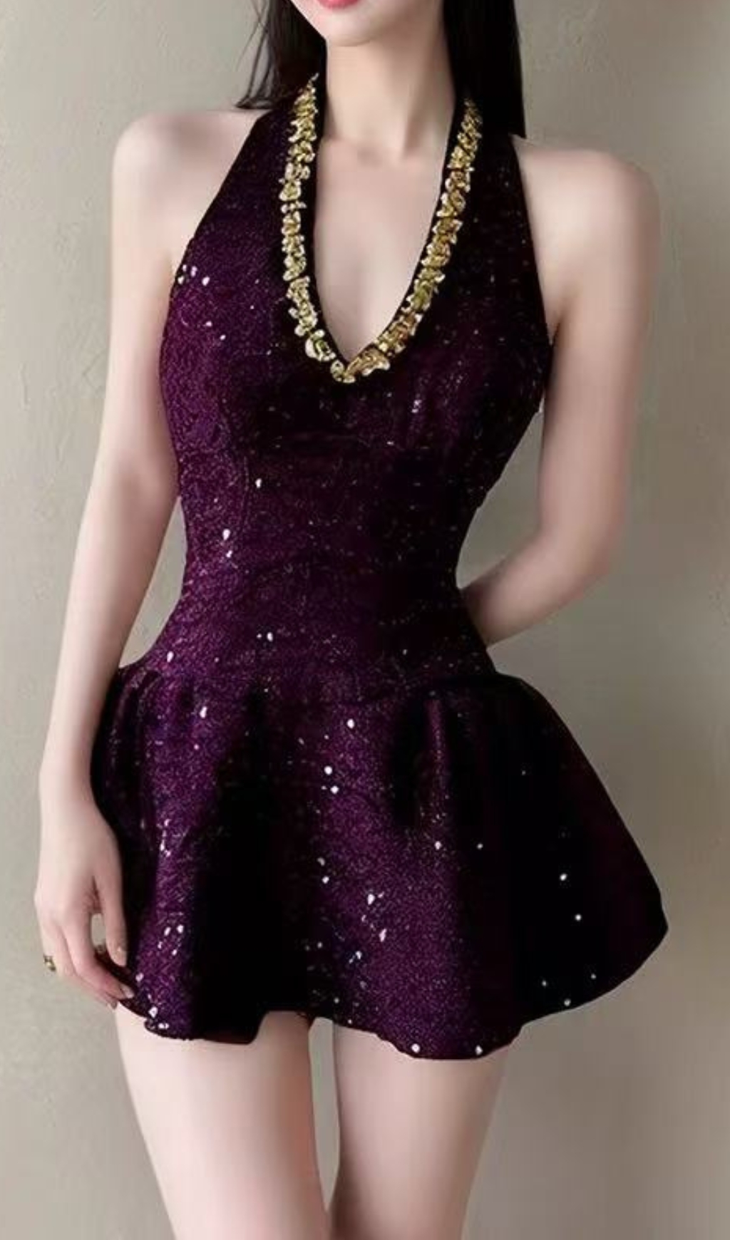 Fashionslee Women Eileen Purple Halter Diamond Mini Dress