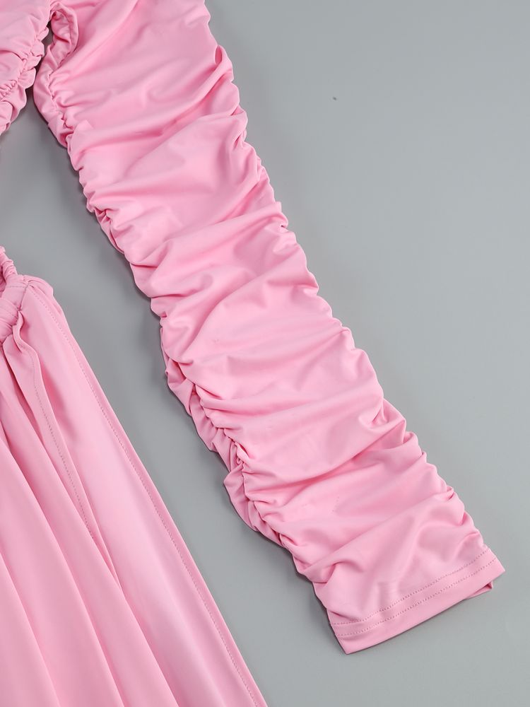 01b34890b5b87c508022e557ef8ef6ad.jpg Fashionslee Women Bia Pink Long Sleeve Ruched Bardot Mini Dress