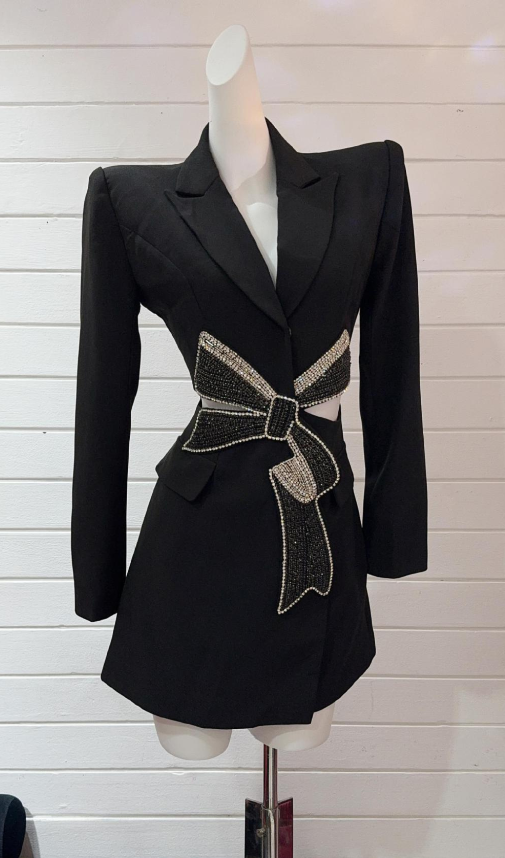 Fashionslee Women Farida Black Long Sleeve Diamante Bow Mini Blazer Dress