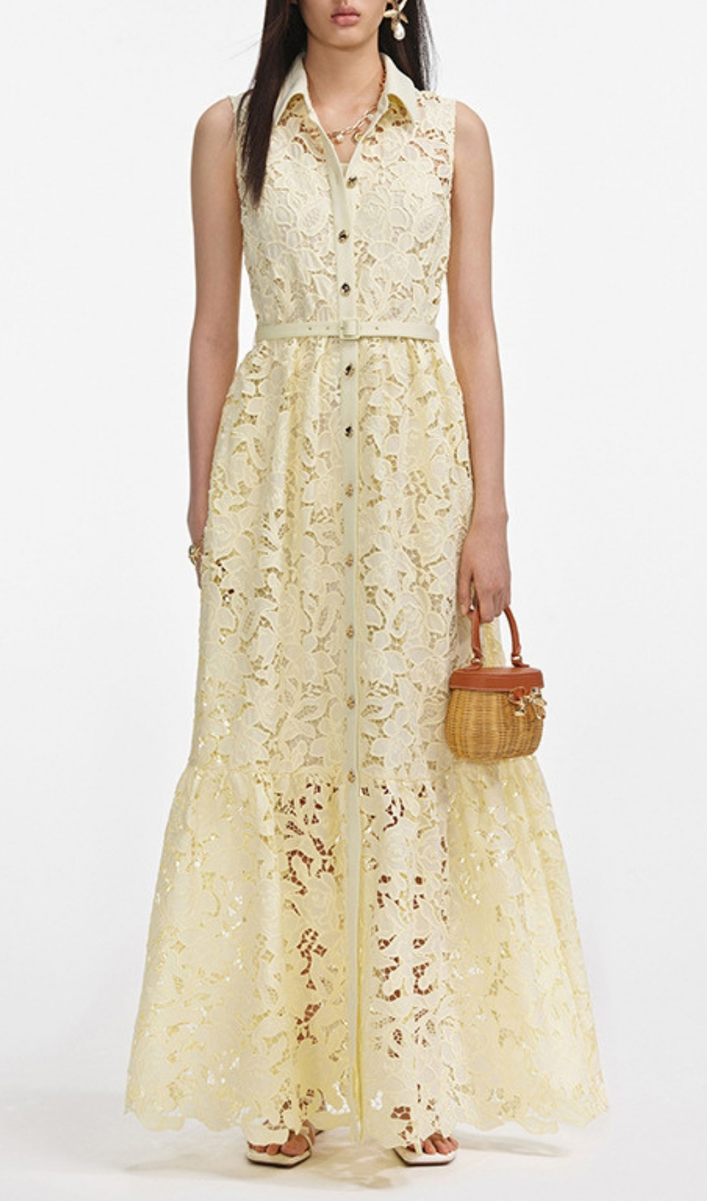 Fashionslee Women Flip Yellow Sleeve Embroidery Maxi Dress