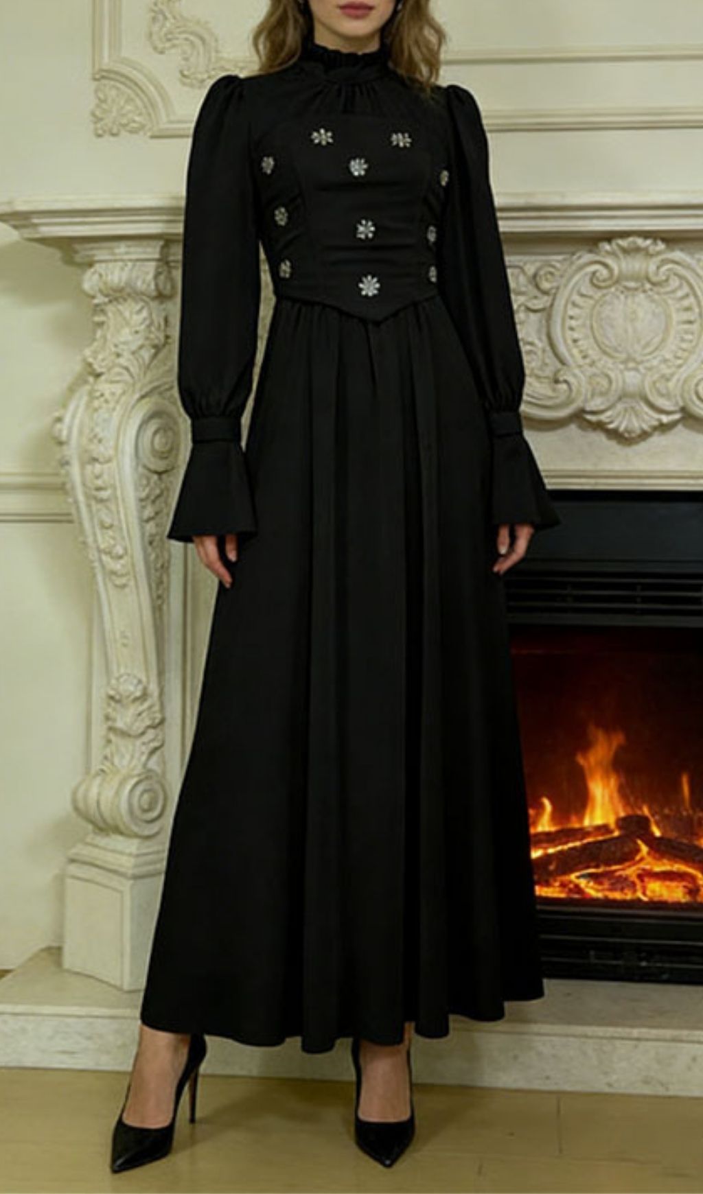 Fashionslee Women Kasha Long Sleeve Embellished Maxi Dress