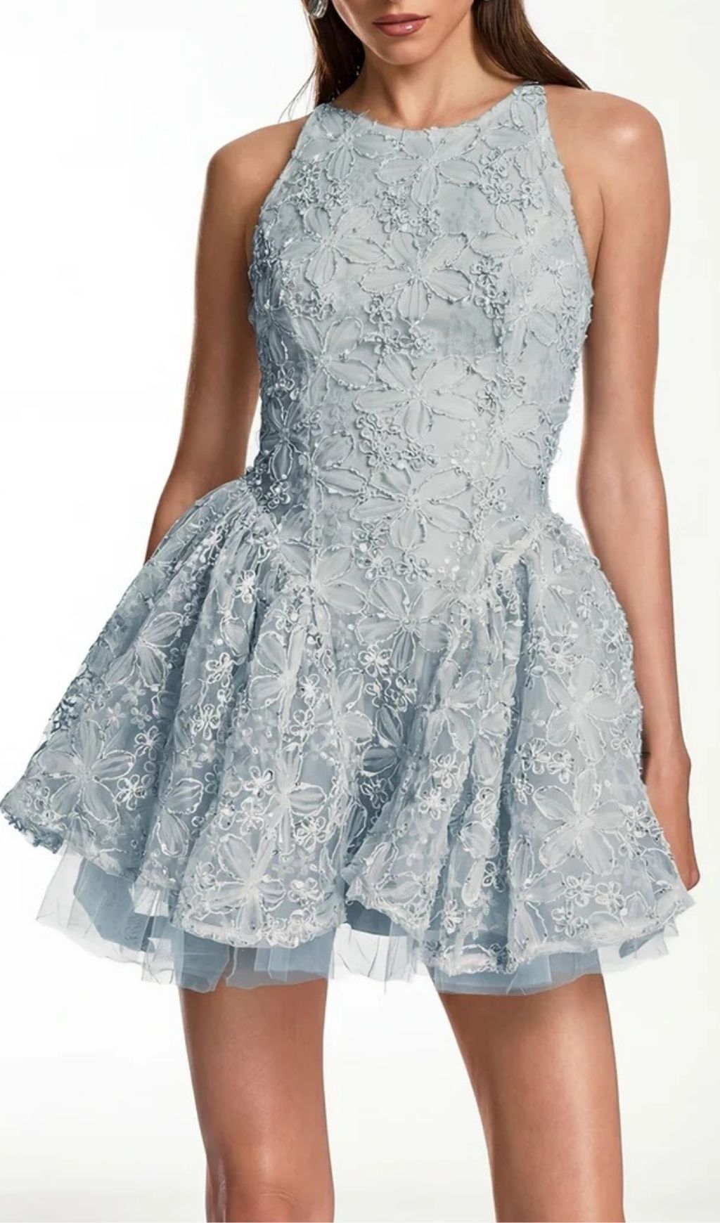 Fashionslee Women Katsumi Blue Halter Lace Flower Mini Dress