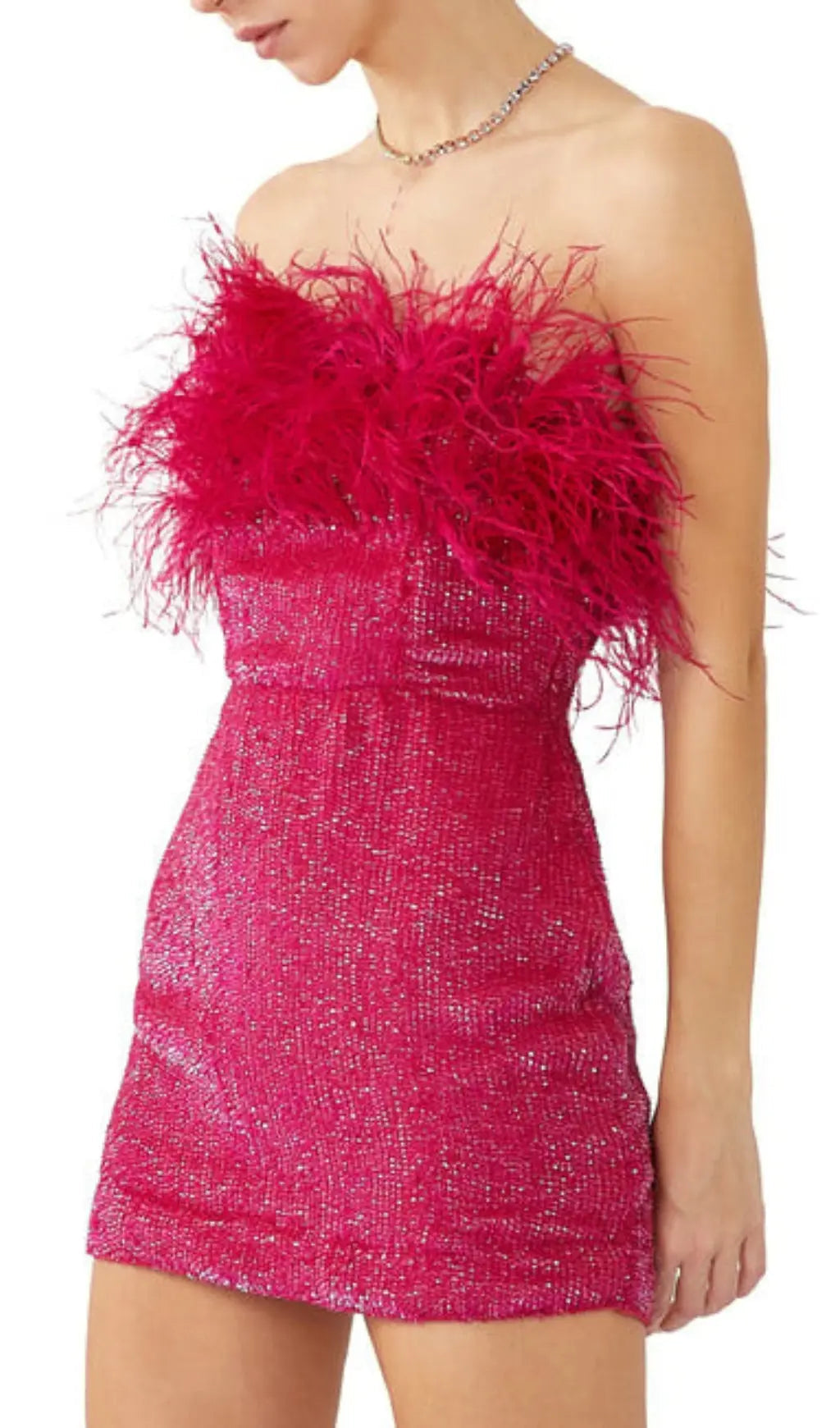 02686d310b27948f836ff8d85ac1e46a.jpeg Fashionslee Women Sequin Feather Strapless Mini Dress In Hot Pink