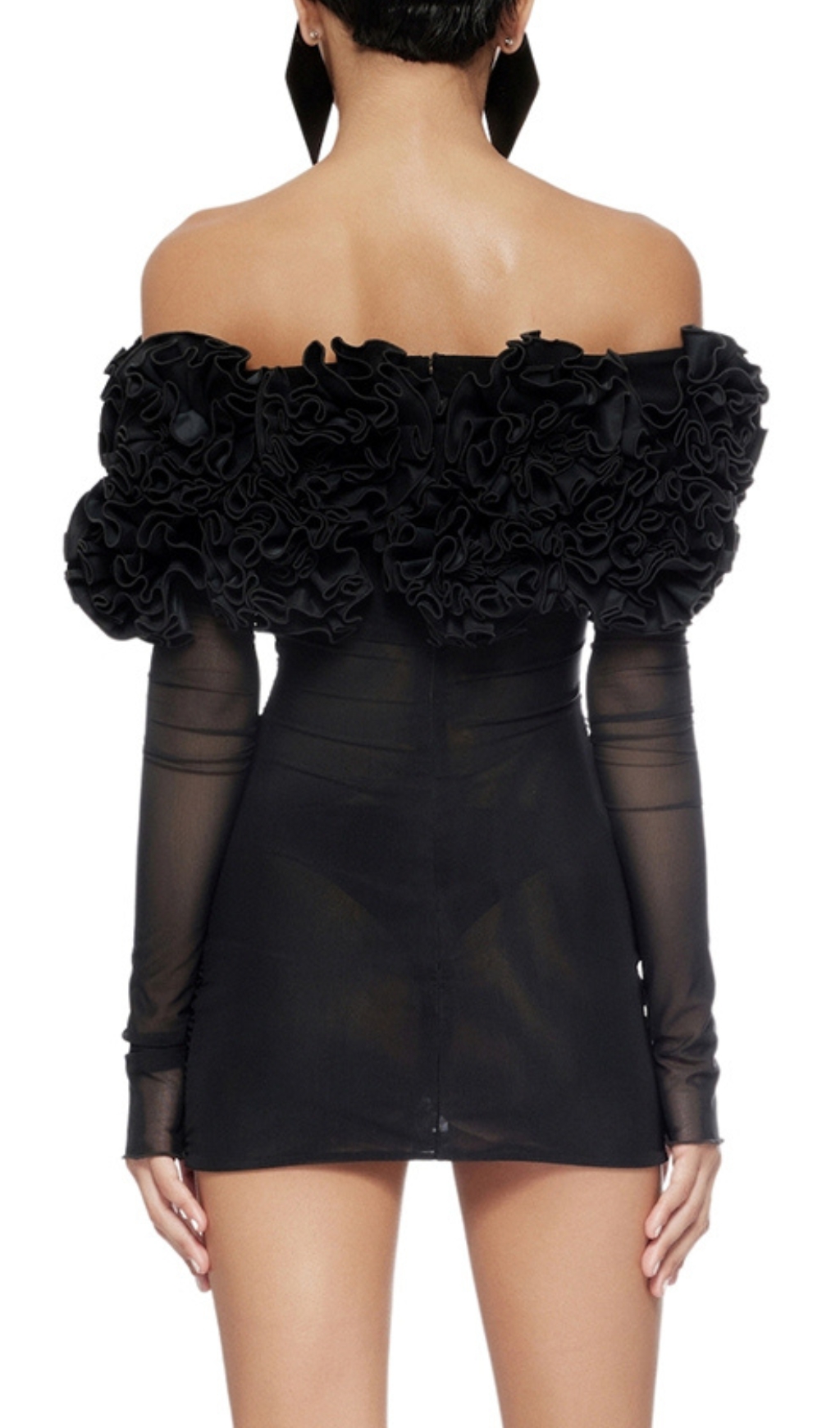 Fashionslee Women Bard Black Long Sleeve Flower Mini Dress