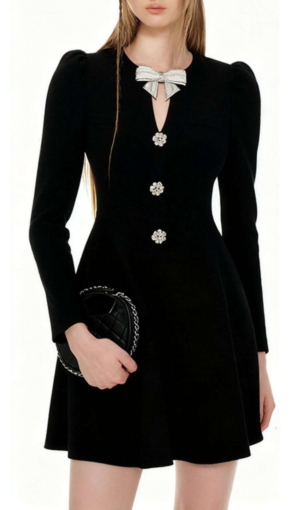 Fashionslee Women Italia Black Bow Long Sleeve Mini Dress