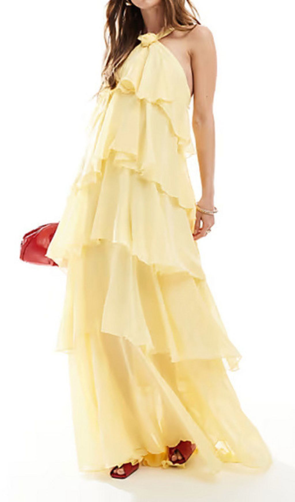 Fashionslee Women Falala Yellow Flower Halter Layered Maxi Dress