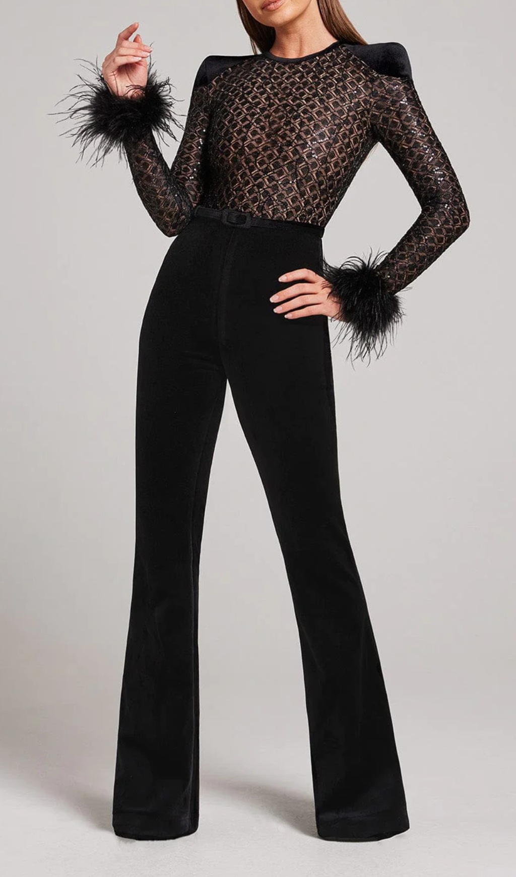 Fashionslee Women Aysel Black Feather Sequin Jumpsuit