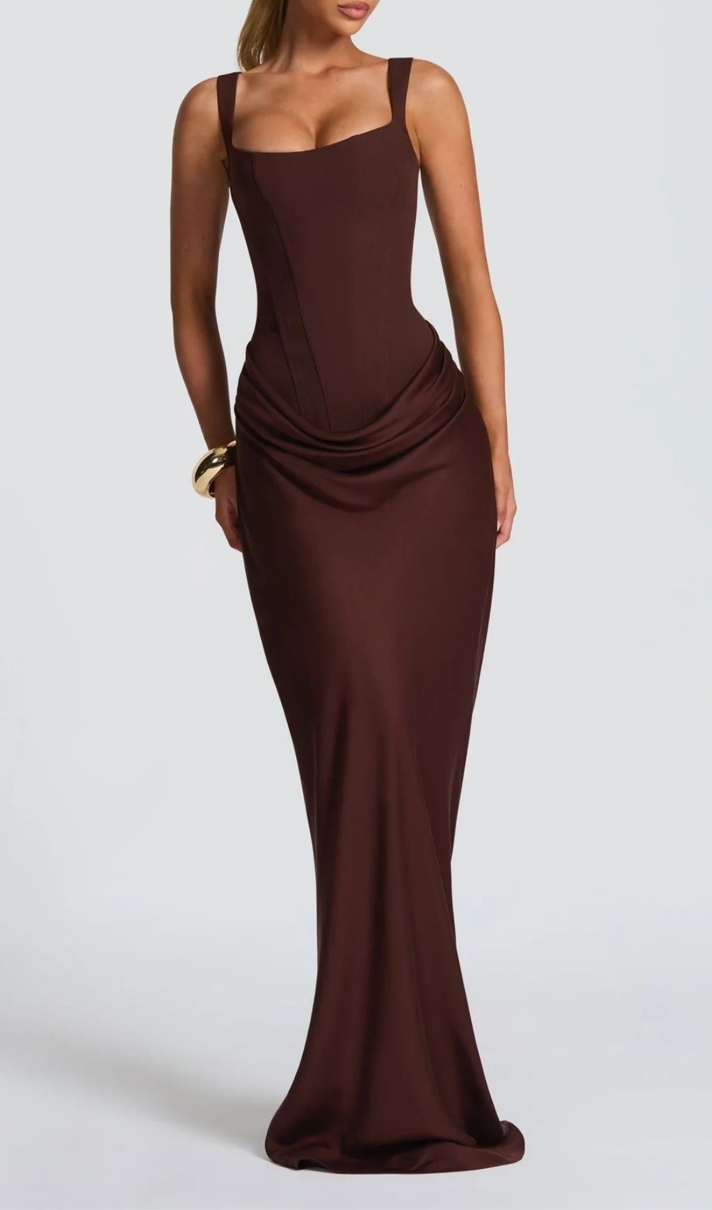 Fashionslee Women Keelia Brown Strappy Corset Ruched Maxi Dress