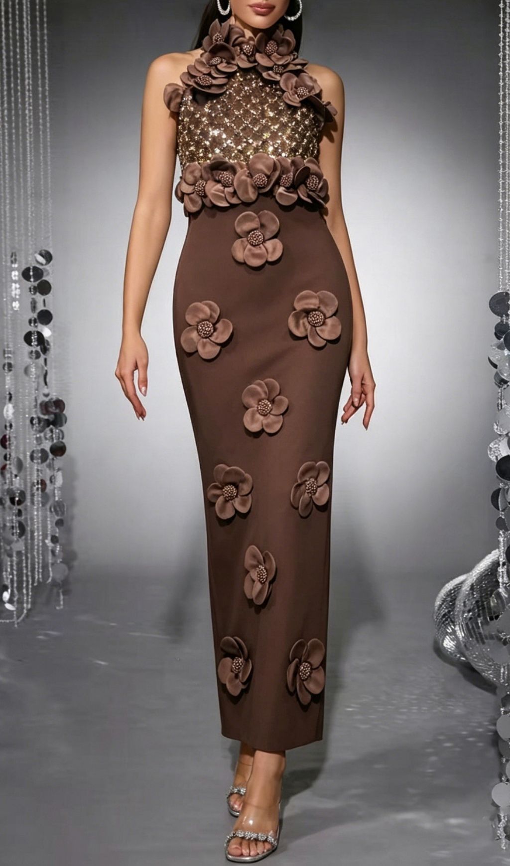 Fashionslee Women Kelsey Coffee Halter Flower Sequin Bandage Maxi Dress