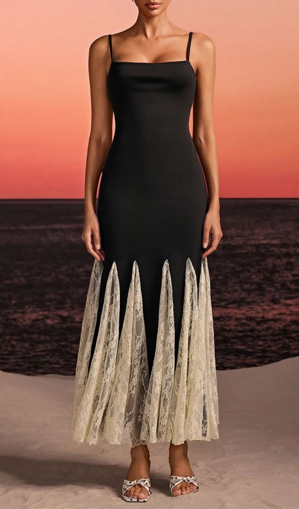 Fashionslee Women Farsel Spaghetti Lace Flared Maxi Dress