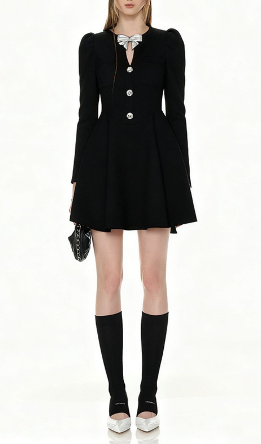 Fashionslee Women Italia Black Bow Long Sleeve Mini Dress