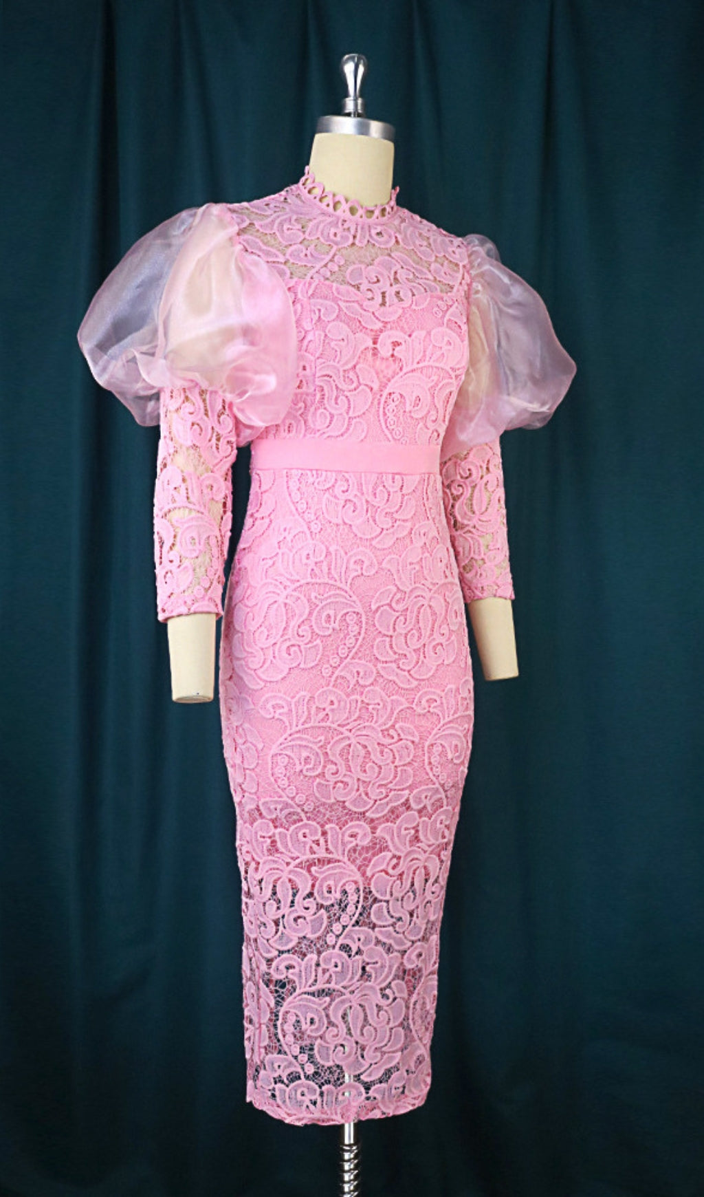 Fashionslee Women Aithne Pink Puff Sleeve Lace Midi Dress