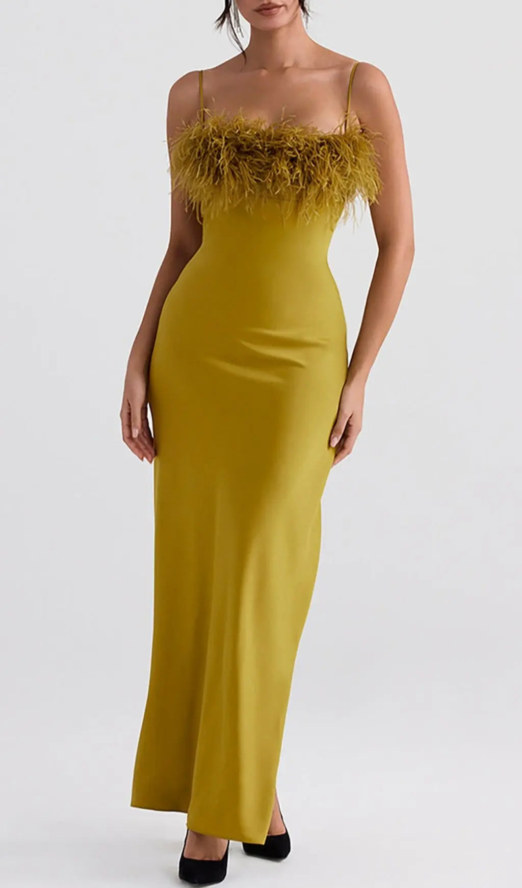 Fashionslee Women Chartreuse Strappy Feather-Trim Maxi Dress