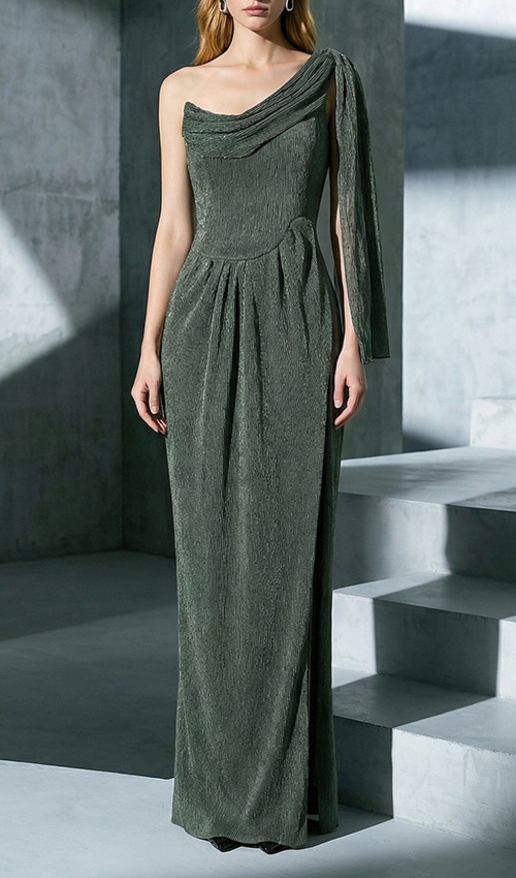 Fashionslee Women Jenae Olive One-Shoulder Maxi Dress