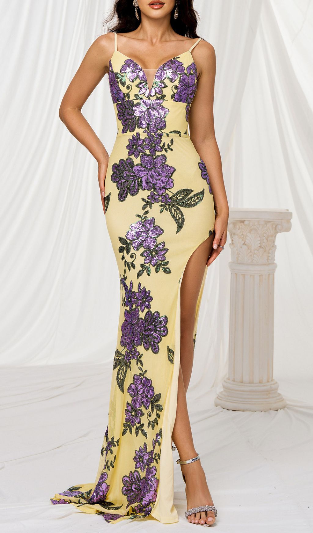 Fashionslee Women Finnea Yellow Flower Sequin Slit Maxi Dress