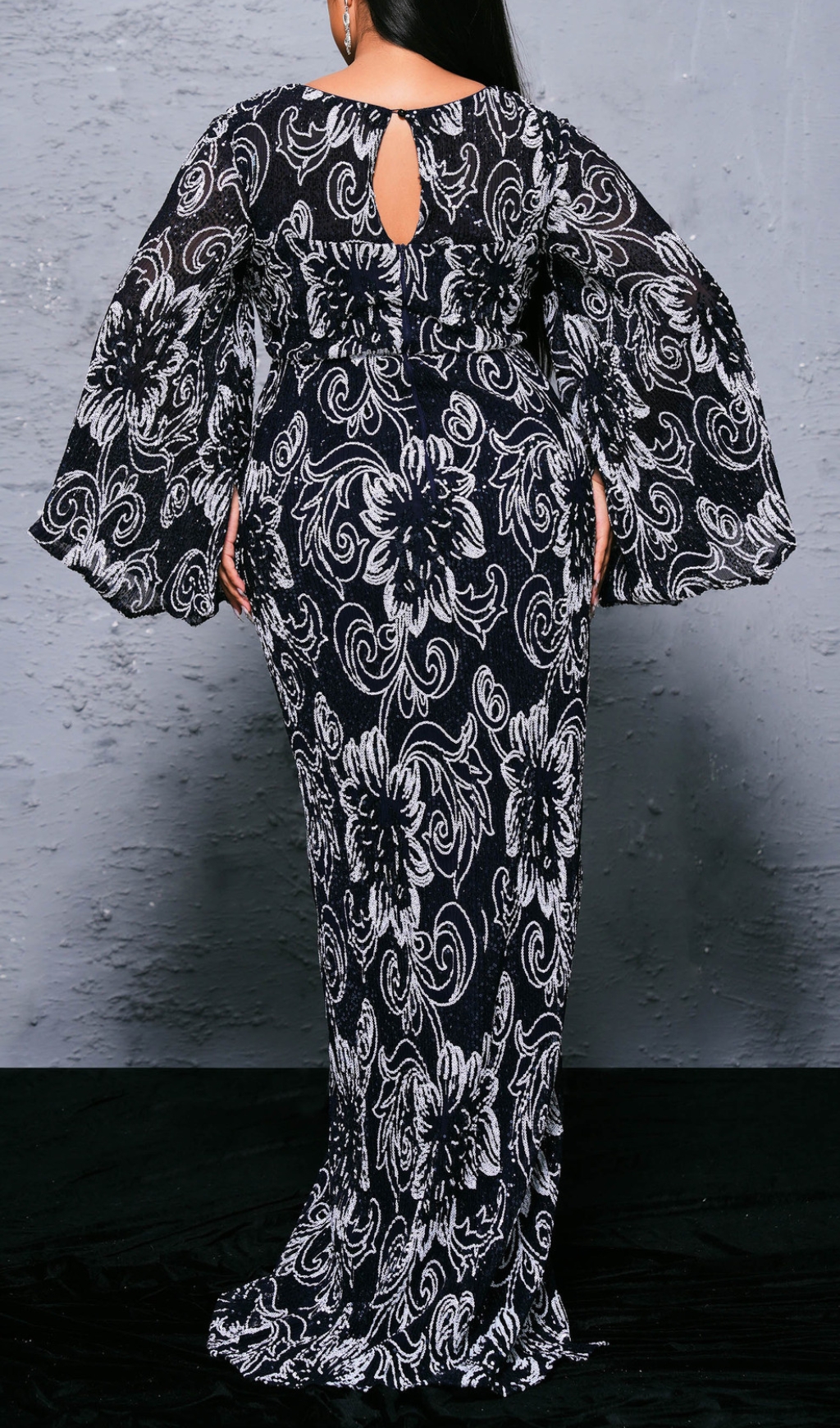 Fashionslee Women Bechan Black Flower Sequin Long Sleeve Maxi Dress