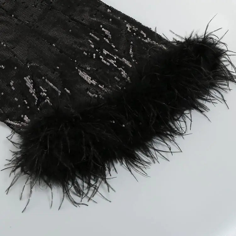 Fashionslee Women Black Sequin One Shoulder Feather Mini Dress
