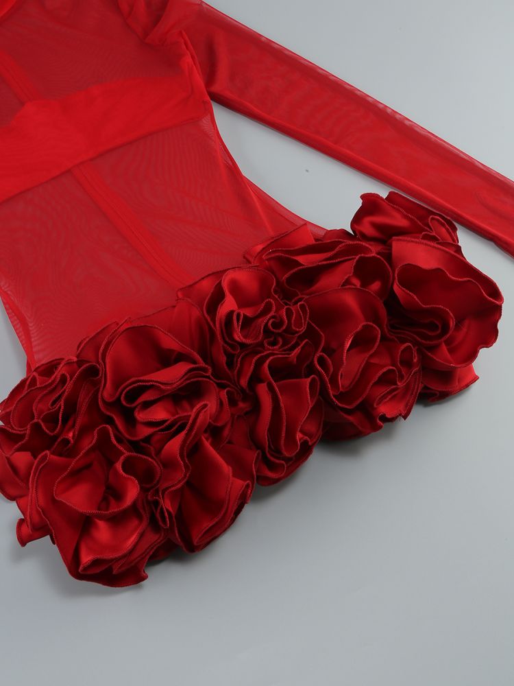 Fashionslee Women Britain Red Petal Detail Long Sleeve Mini Dress