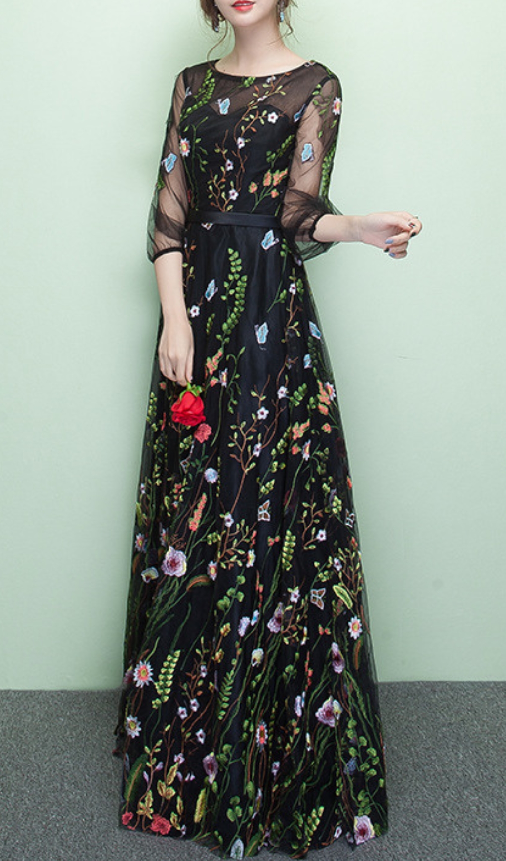 04029552eccc81d6f7bf5c02f4b7f9be.jpg Fashionslee Women Dannell Black Flower Mesh Sleeve Maxi Dress