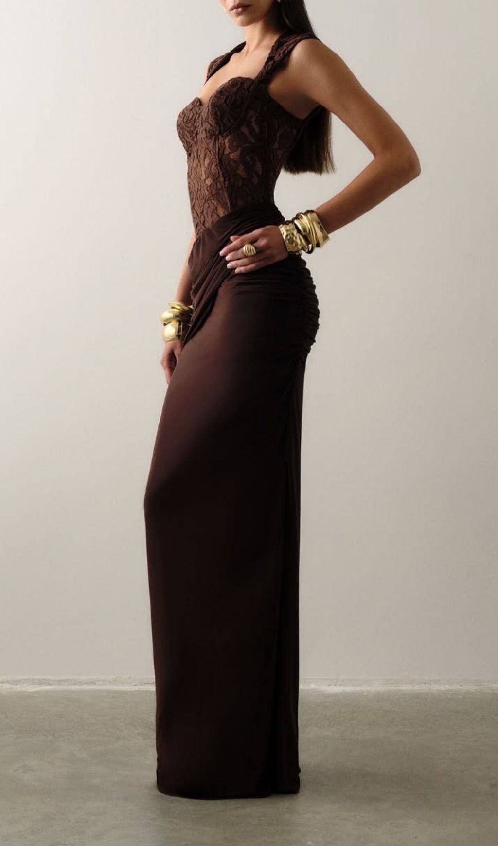 Fashionslee Women Keegan Brown Lace Ruched Maxi Dress