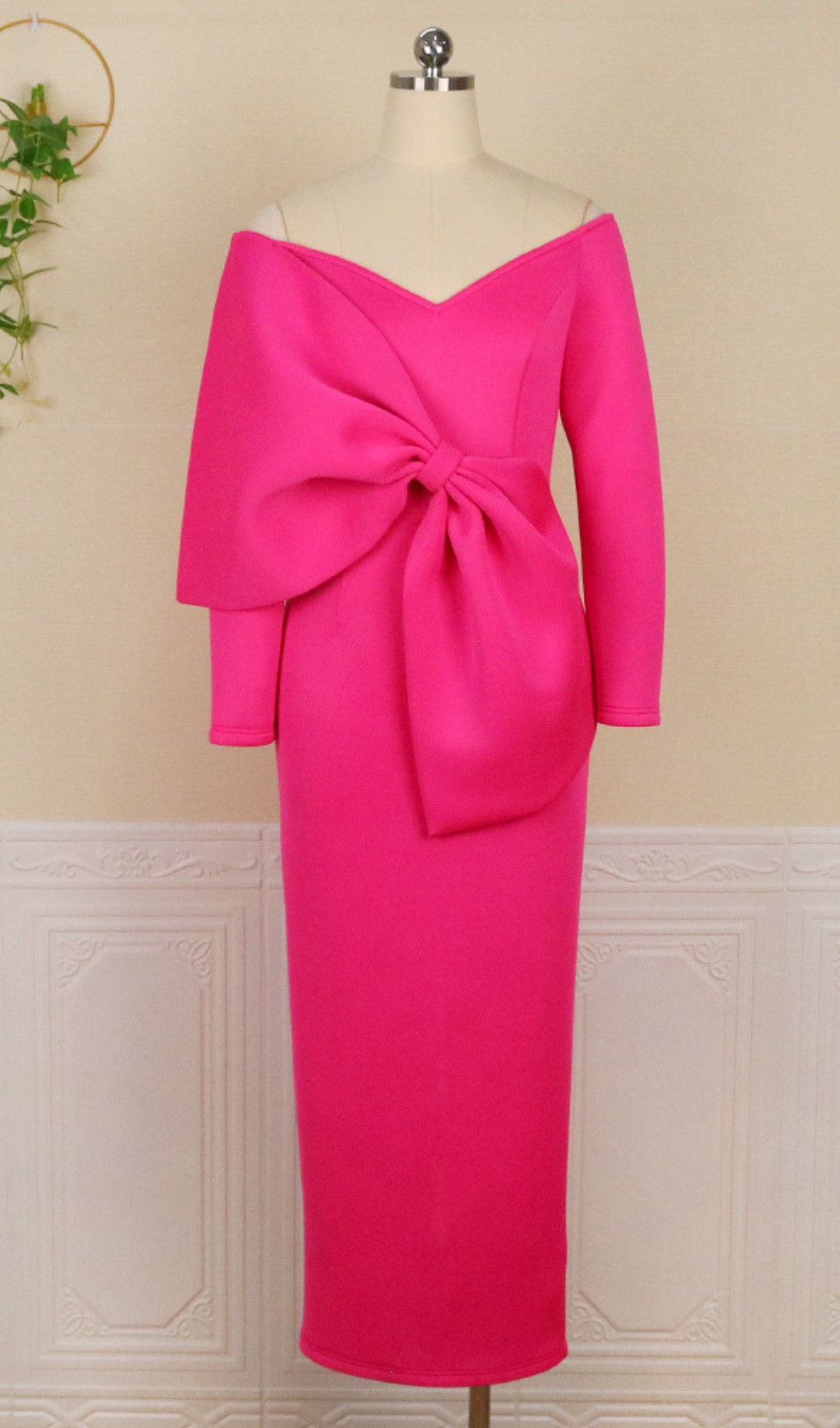 046a80d21453ab18822f704fb5d3654f.jpg Fashionslee Women Batan Pink Bow Long Sleeve Midi Dress