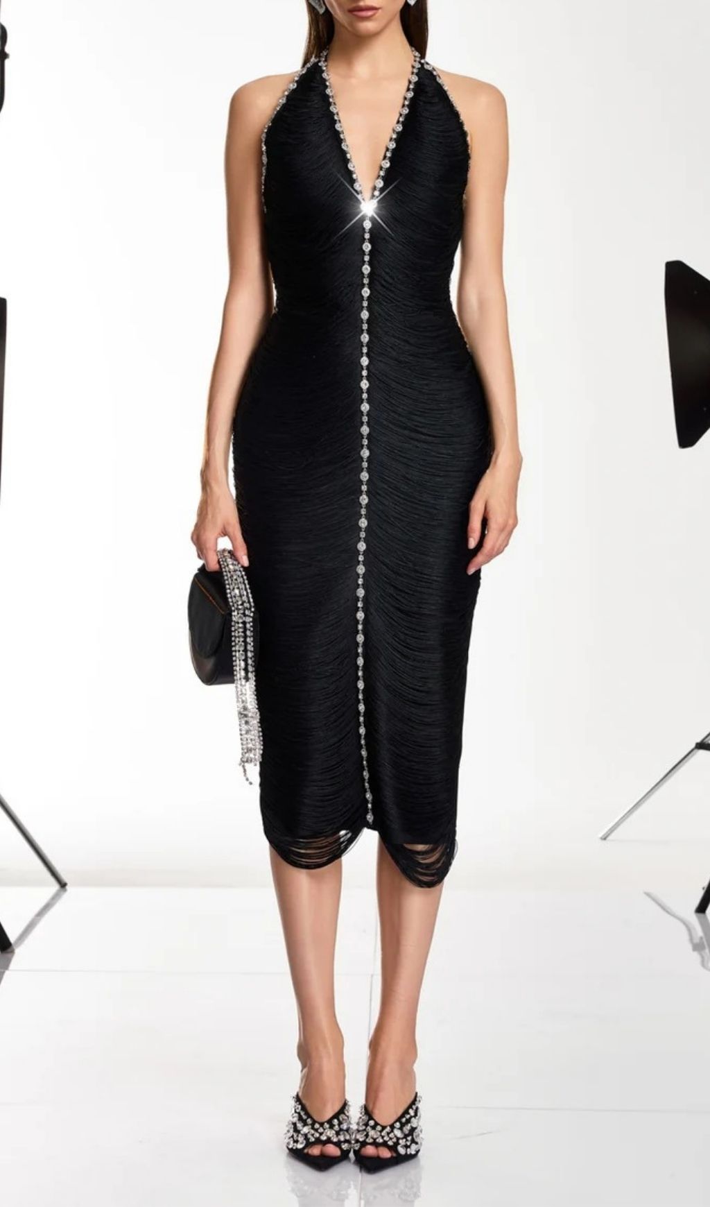 Fashionslee Women Halric V Neck Fringe Rhinestone Midi Dress