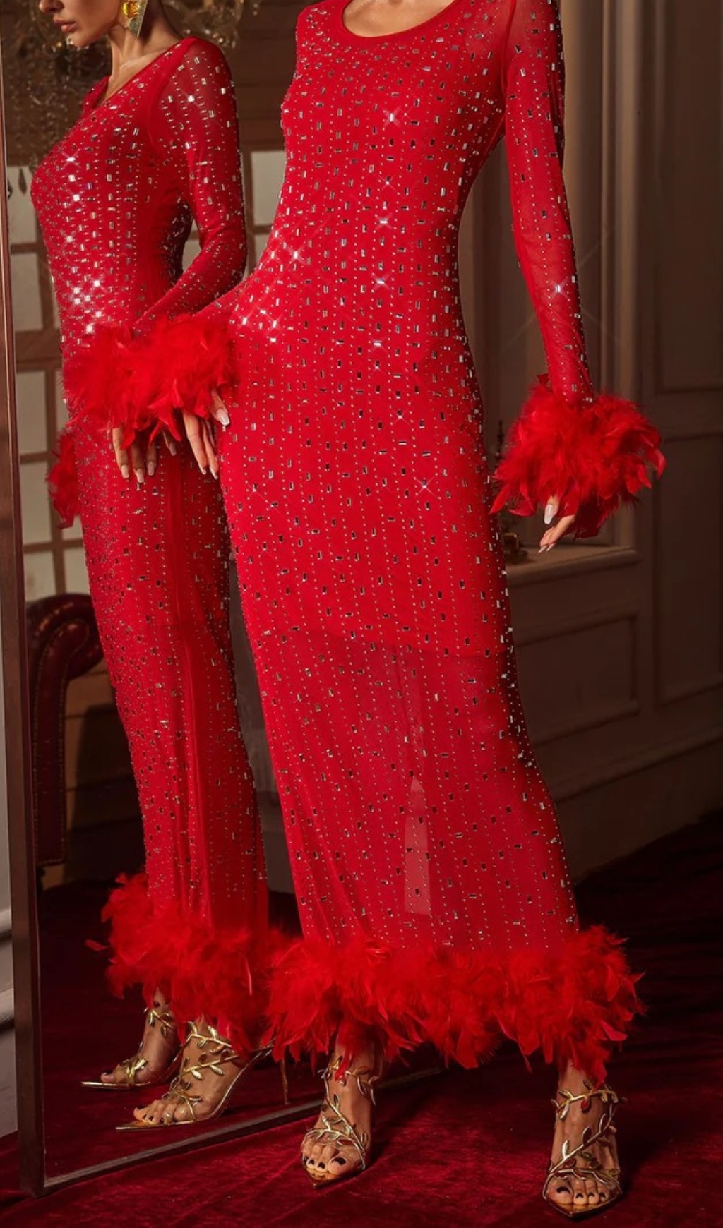 04a07fa1407b9a19839f47fb858e0234.jpg Fashionslee Women Chardea Rhinestone Feather Mesh Maxi Dress
