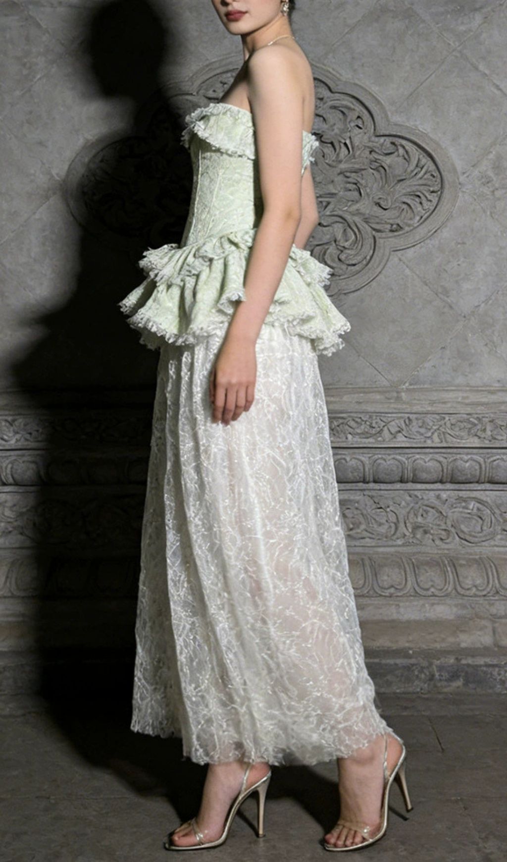 Fashionslee Women Jenis Green Strapless Lace Maxi Dress