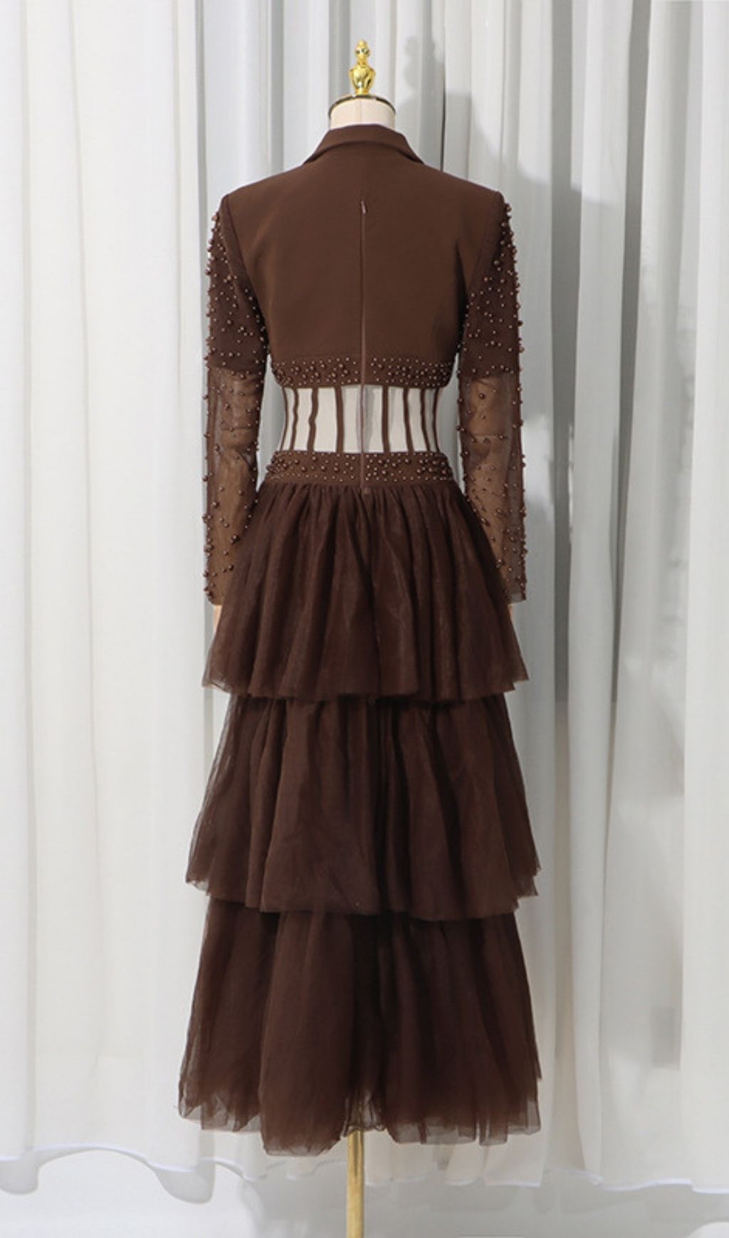 05144a160dba7267d03b8d575675c513.jpg Fashionslee Women Kaysar Coffee Beaded Corset Mesh Maxi Dress