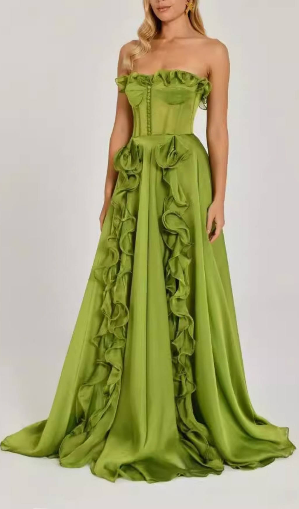 05318d1397c3e6592fb2031038af760d.jpg Fashionslee Women Colombine Green Strapless Ruffle Maxi Dress