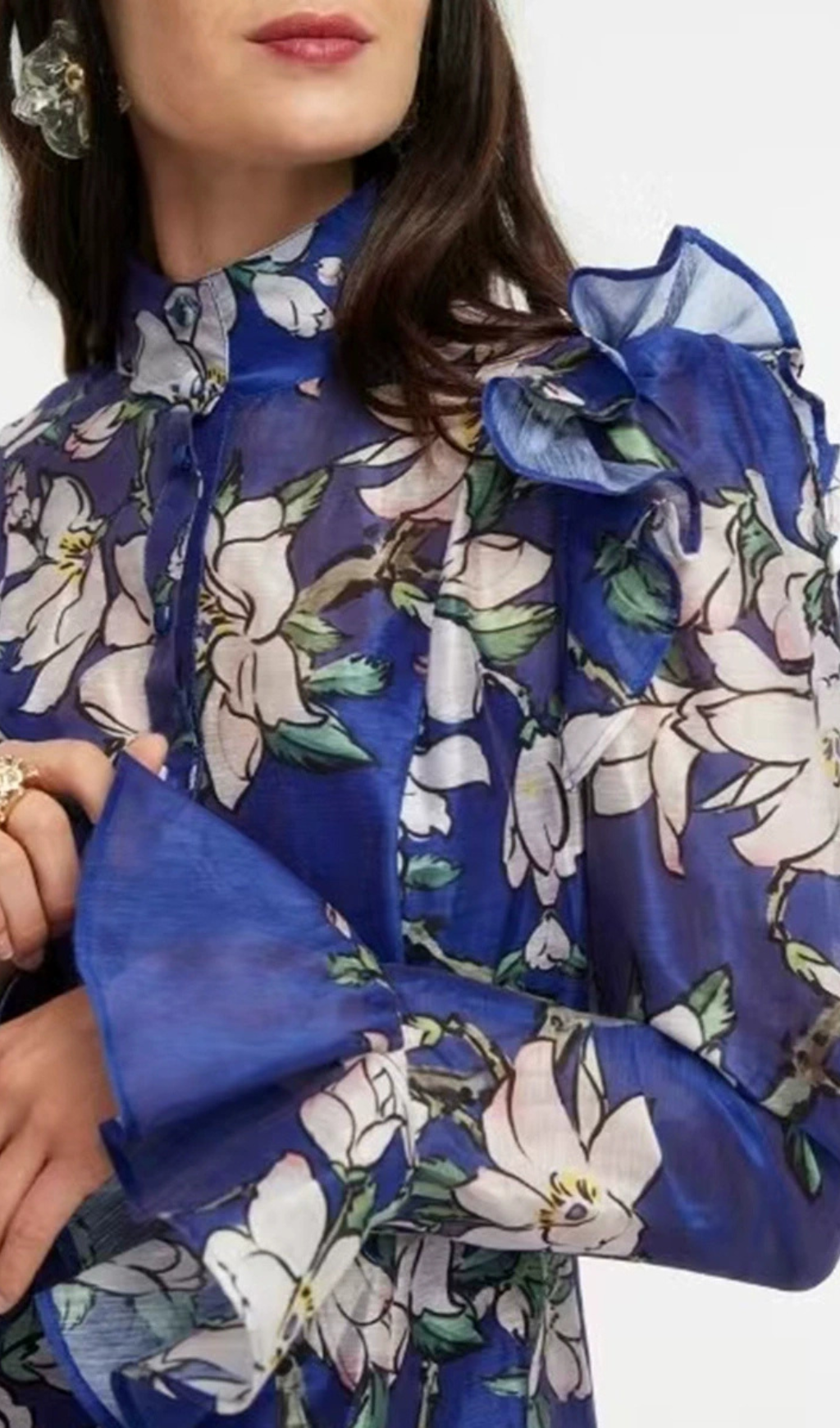 Fashionslee Women Gavrila Blue Floral Long Sleeve Midi Dress