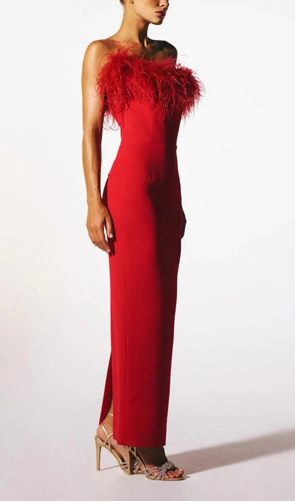 Fashionslee Women Stretch Strapless Feather Trimmed Gown In Red