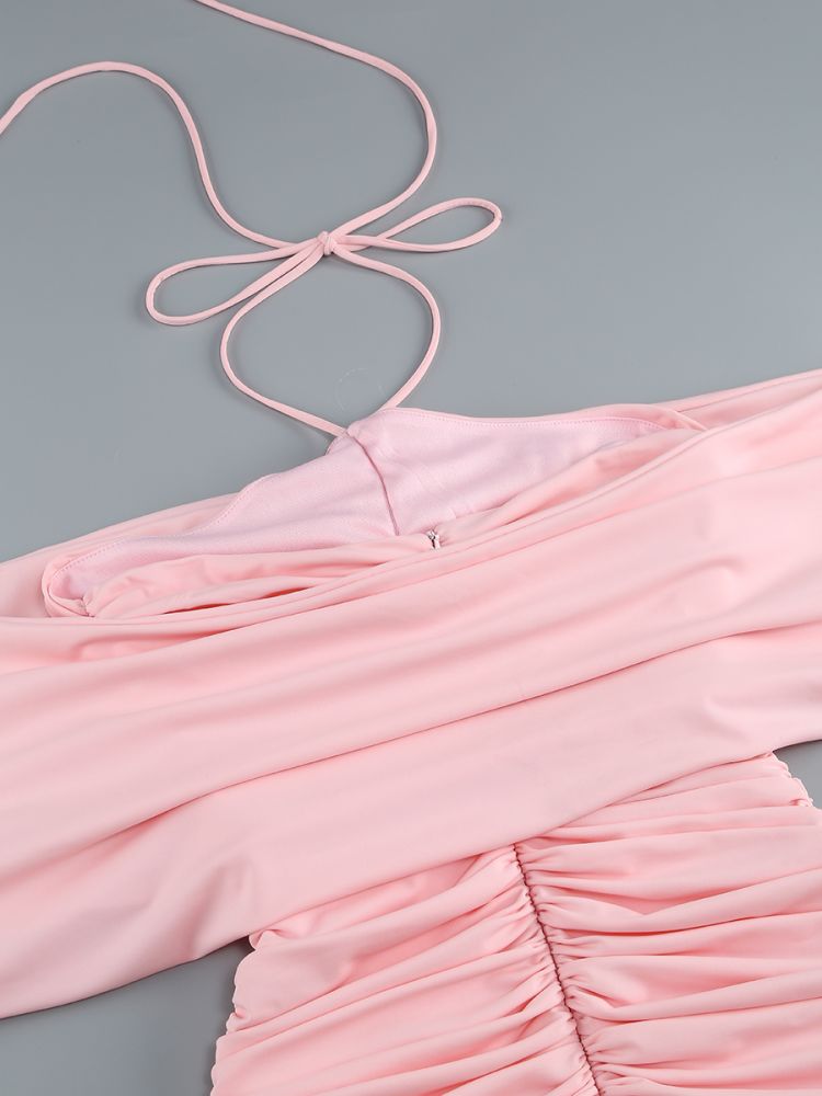 05d80e987aa2919eed67fd6debd71753.jpg Fashionslee Women Brick Pink Halter Flower Draped Mini Dress