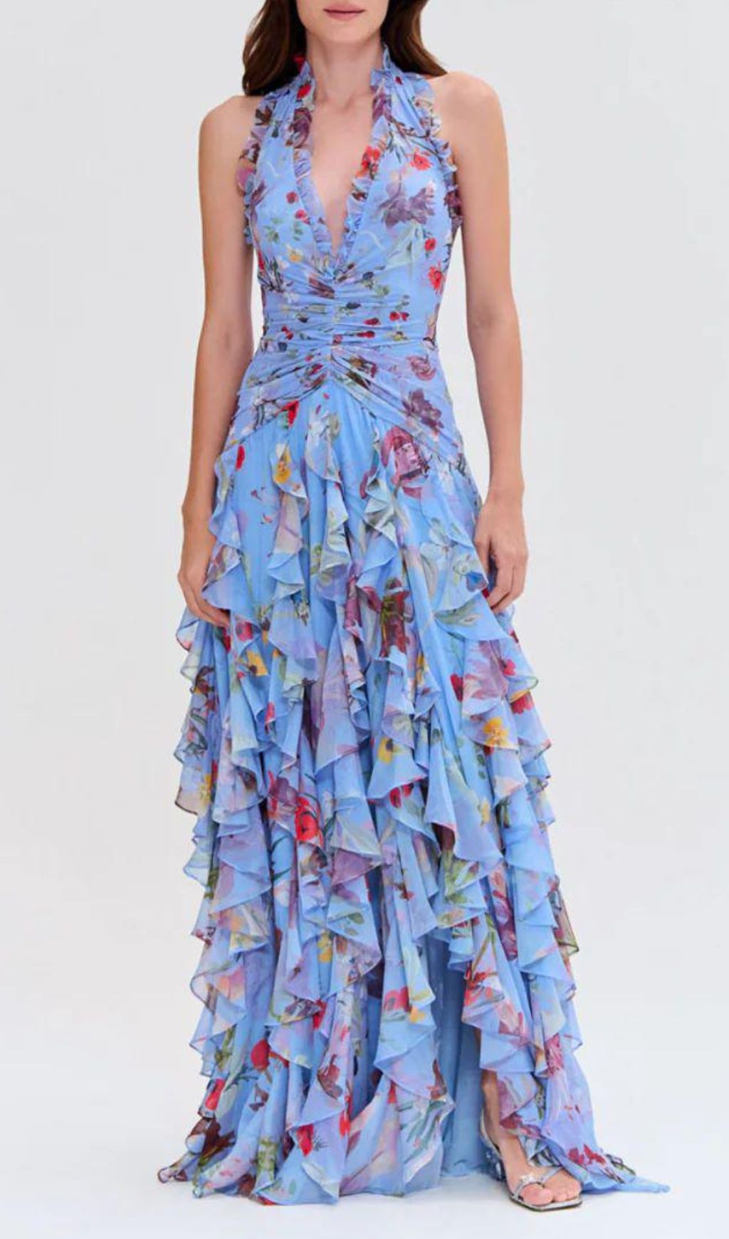 Fashionslee Women Delicah Blue Halter Floral Ruffle Maxi Dress