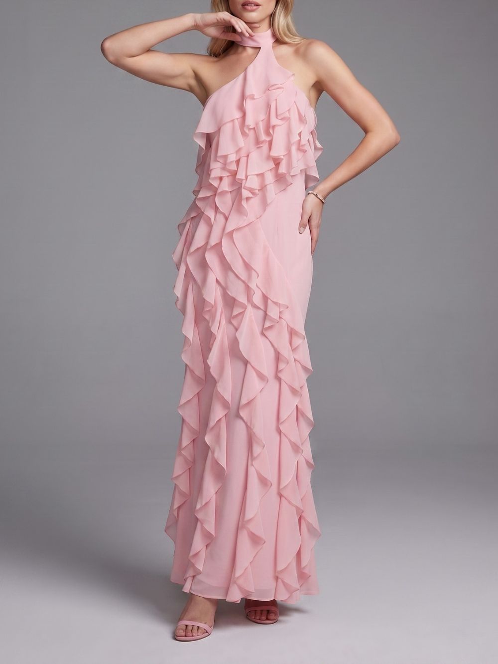 PINK HALTER RUFFLE MAXI DRESS TRENDING - OWNCI PINK HALTER RUFFLE MAXI DRESS TRENDING - OWNCI