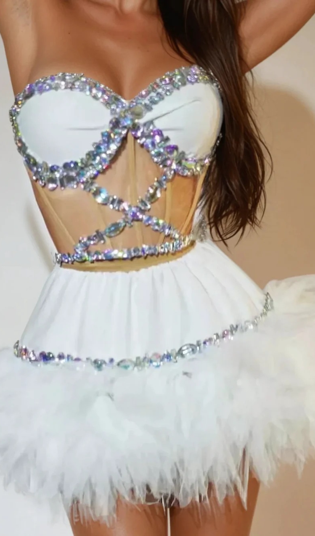 Fashionslee Women Erlina Strapless Rhinestone Tulle Skirt Set In White