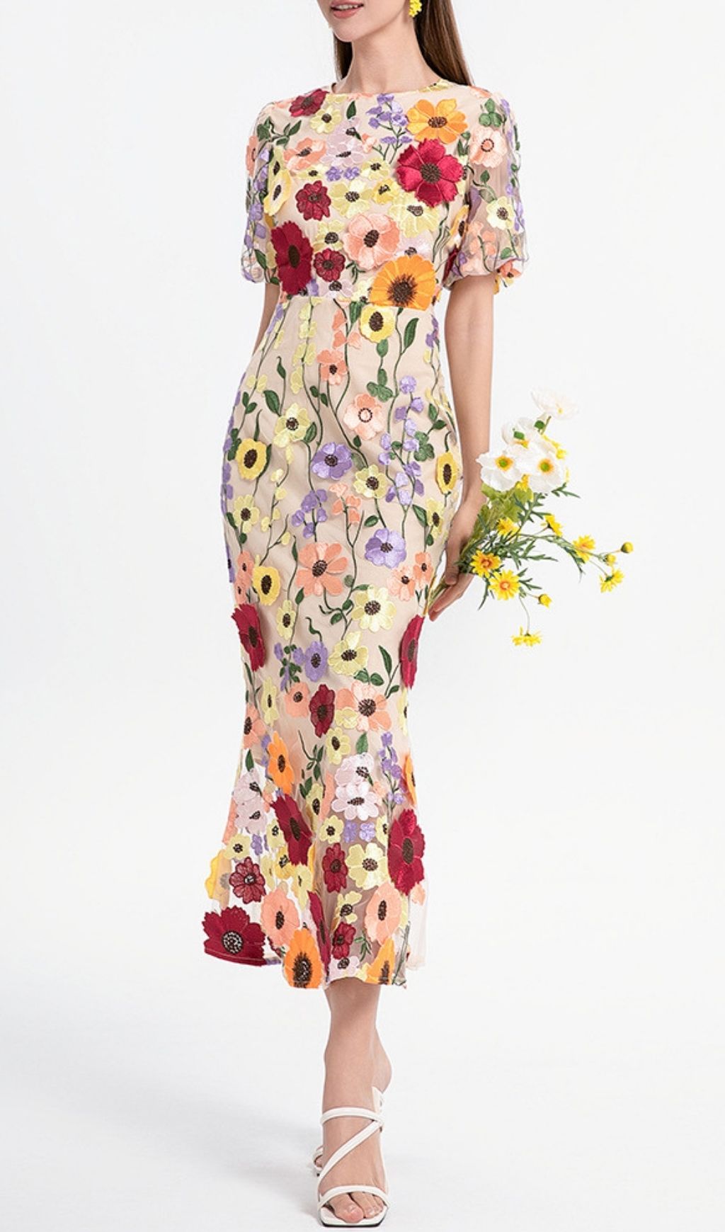 Fashionslee Women Kura Puff Sleeve Flower Embroidery Midi Dress