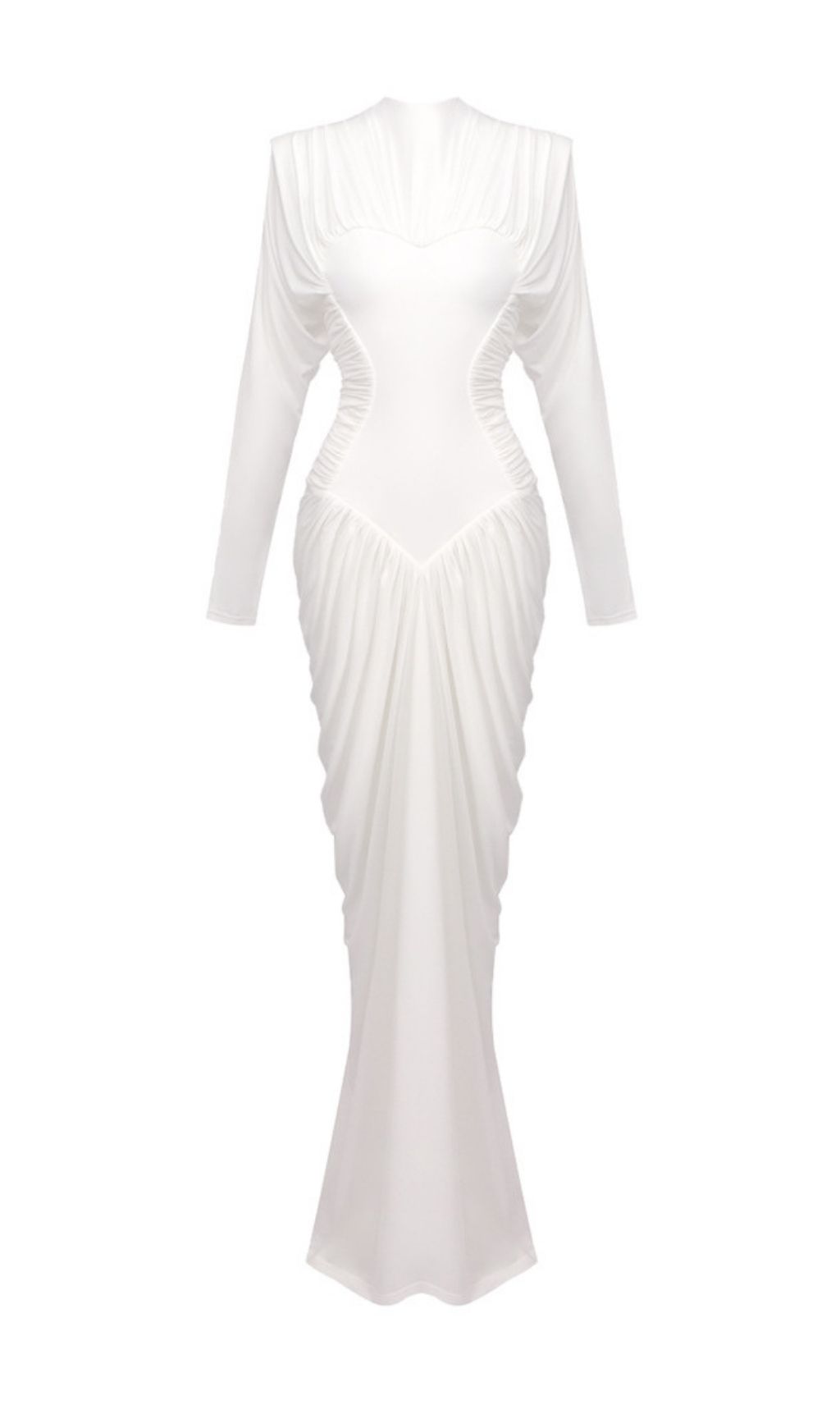 0661b9dc16e2278aa614ea5cae571324.jpg Fashionslee Women Katrien White Ruched Long Sleeve Maxi Dress