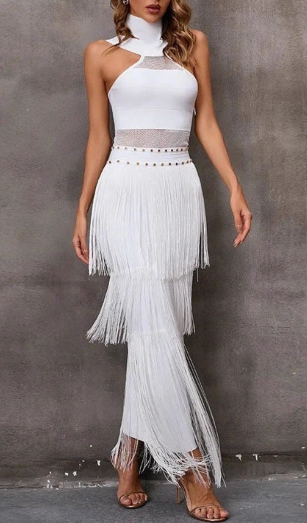 Fashionslee Women Fermin White Halterneck Bandage Fringe Midi Dress