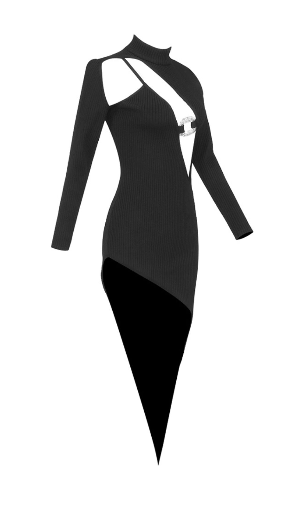 Fashionslee Women Long Sleeves Sexy Hollow Out Irregular Black Dress