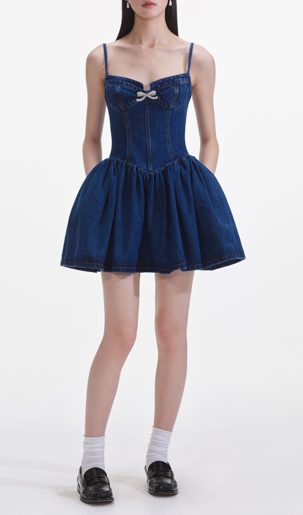 Fashionslee Women Denim Diamante Bow Sweetheart Mini Dress