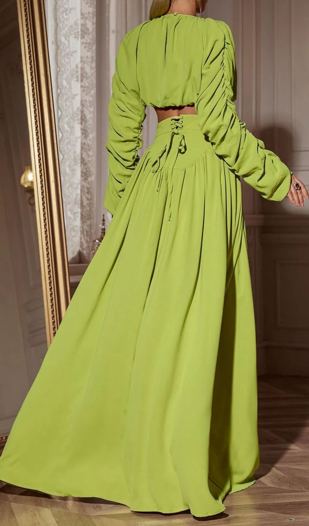 Fashionslee Women Cricket Green Long Sleeve Ruched Skirt Set